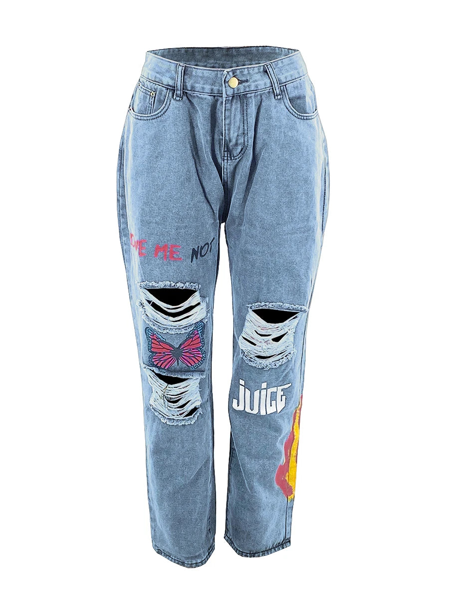 LW Butterfly Letter Print Trendy Denim No Stretch Ripped Solid Jeans Women's Hollow-out Street Skinny Fashion Straight Pants